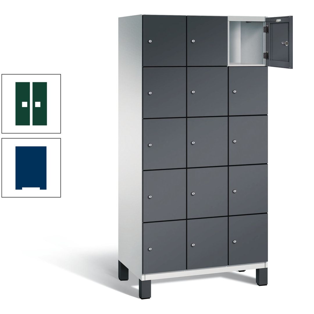 Fächerschrank, Stahlschrank, 15 Fächer, Türöffnungsbegrenzer, Füße, 1.980 x 900 x 525 mm (HxBxT), Korpus anthrazitgrau, Front anthrazitgrau