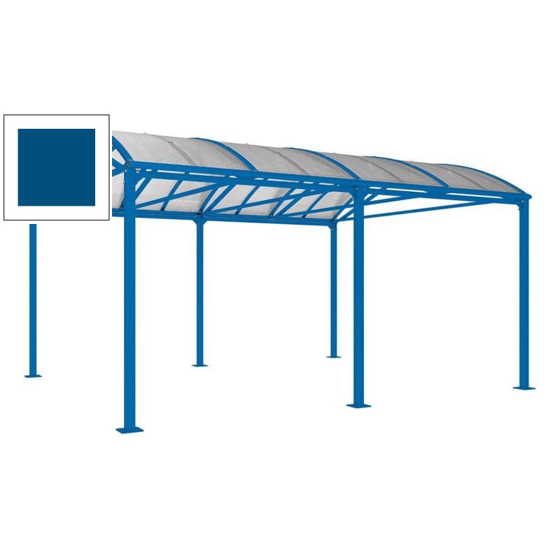 Fahrradunterstand, Fahrradüberdachung, Unterstand, Grundmodell, 10 Zweiräder, Regenrinne, 3.010 x 5.000 x 4.160 mm (HxBxT), Farbe enzianblau