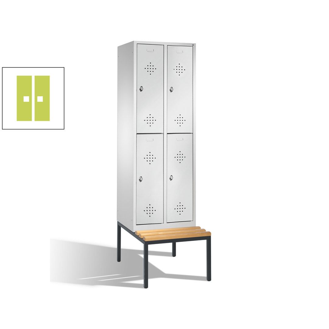 Garderobenschrank, Spind, 2 Abteile, 4 Fächer, 2.090 x 610 x 815 mm (HxBxT), Hartholz Sitzbank untergebaut, Korpus weißaluminium, Türen anthrazitgrau