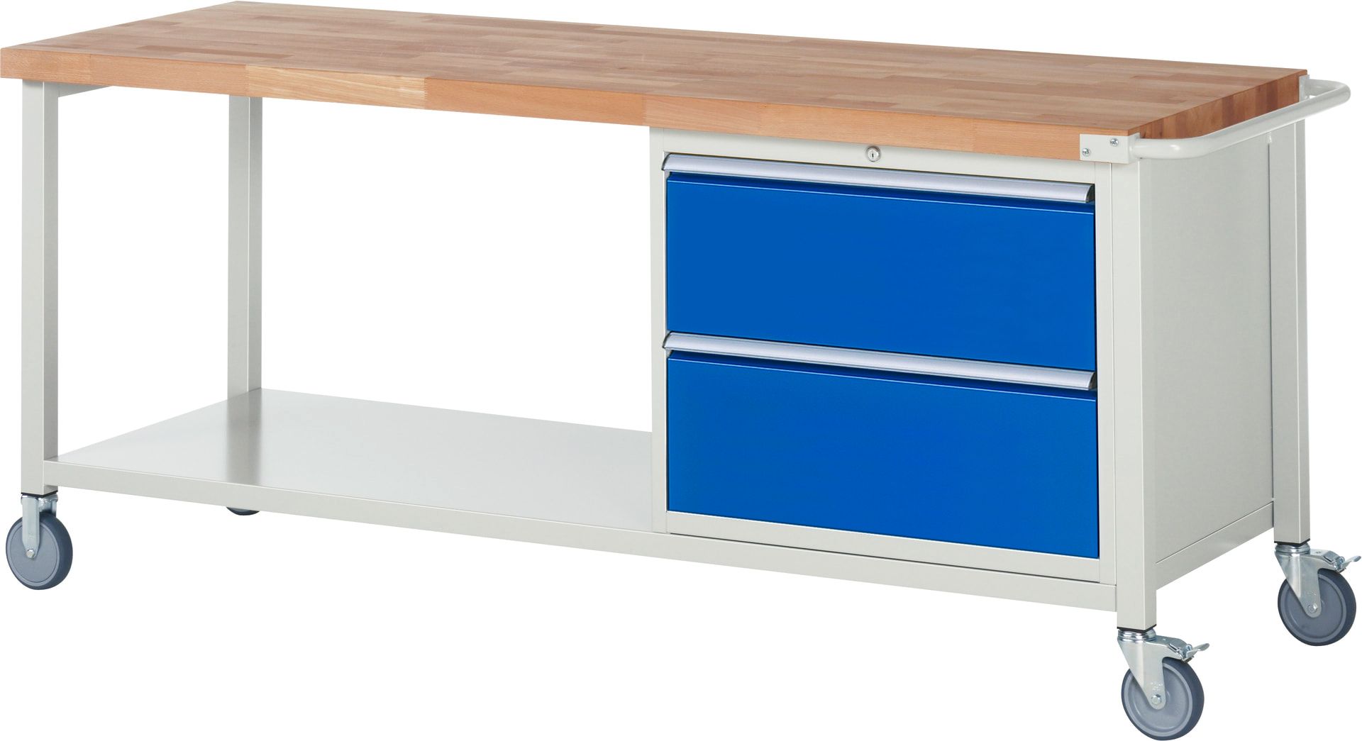 Mobile Werkbank mit Ablage - 2 XL Schubladen - Teilauszug - 270:2 - 880 x 2.000 x 700 mm (HxBxT) - 450 kg - Buche - Anthrazitgrau
