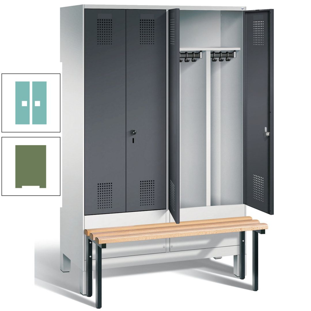Doppel-Spind, Garderobenschrank, Buche Sitzbank vorgebaut, 4 Abteile a 300 mm, Korpus feuerrot, Tür Wasserblau, 1.850 x 1.200 x 815 mm (HxBxT)