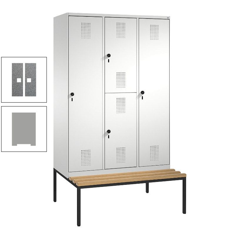 Garderobenschrank, Spind ein- und doppelstöckig Sitzbank, 3 Abteile, 4 Fächer, 2.090x1.200x500 mm (HxBxT), Front anthrazitgrau, Korpus anthrazitgrau