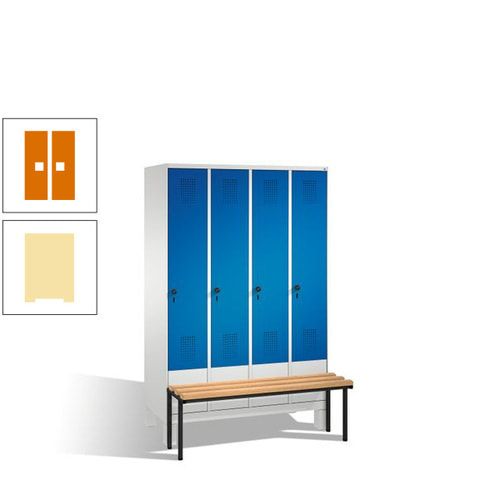 Stahl-Garderobenschrank, Spind, Buche Sitzbank vorgebaut, 4 Abteile a 300 mm, Korpus Lichtgrün, Tür Schwefelgelb, 1.850 x 1.200 x 815 mm (HxBxT)
