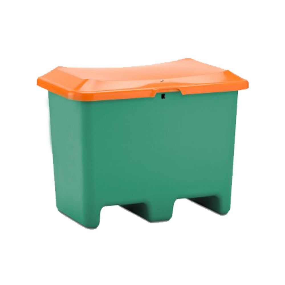 Streugutbehälter für Streusalz, Futtermittel, mit Staplersockel (Einfahrtaschen), 200 l Volumen, 690 x 890 x 600 mm (HxBxT), grau/orange, aus GFK