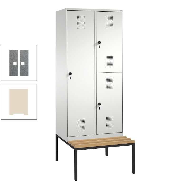 Garderobenschrank, Spind ein- und doppelstöckig Sitzbank, 2 Abteile, 3 Fächer, 2.090 x 800 x 500 mm (HxBxT), Front anthrazitgrau, Korpus anthrazitgrau