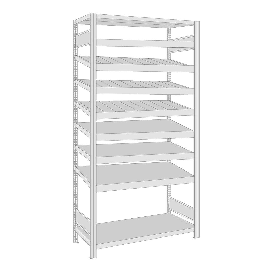 Fachbodenregal mit Schrägböden- 150 kg - 2 Fachböden - 7 Schrägböden - 2.000 x 1.005 x 500 mm (HxBxT) - Anbauregal - verzinkt