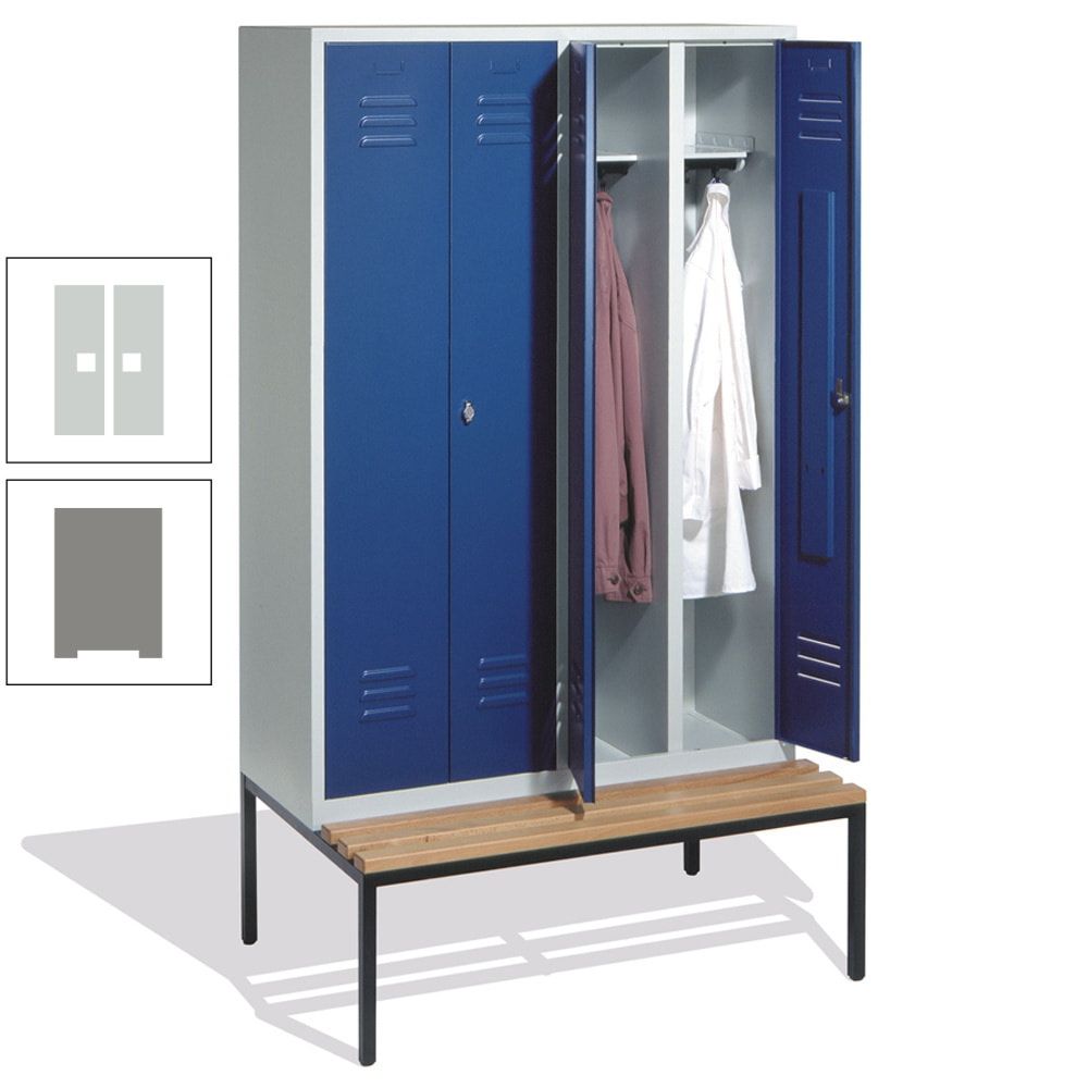Doppel-Spindschrank, Buche Sitzbank untergebaut, 4 Abteile a 300 mm, Korpus lichtgrau, Tür anthrazitgrau, 2.090 x 1.190 x 815 mm (HxBxT)