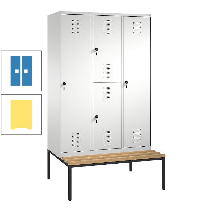 Garderobenschrank, Spind ein- und doppelstöckig Sitzbank, 3 Abteile, 4 Fächer, 2.090x1.200x500 mm (HxBxT), Front anthrazitgrau, Korpus anthrazitgrau