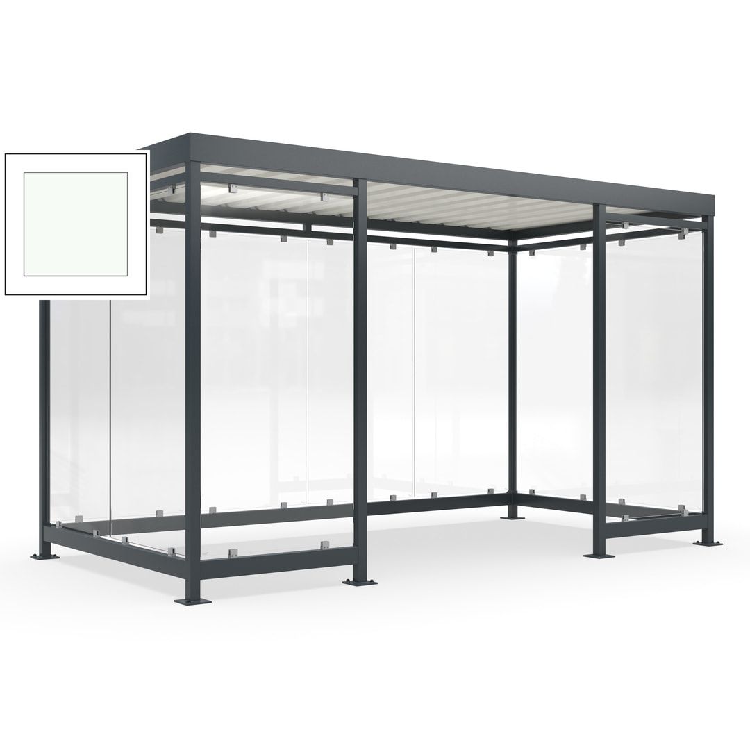 Fahrgastunterstand, Raucherunterstand, fertig montiert, Aufdübeln, 12-13 Personen, 2.510 x 4.195 x 2.165 mm (HxBxT), 10 Wände, Achatgrau