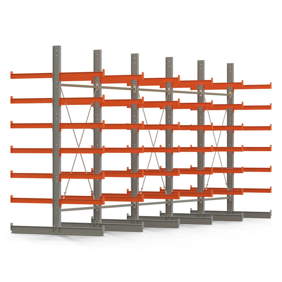 Doppelseitiges Kragarmregal, 2 Felder, 3.000 x 2.560 x 1.120 mm (HxBxT), Nutztiefe 500 mm, Kragarmlast 870 kg, KARL basic, silbergrau/reinorange