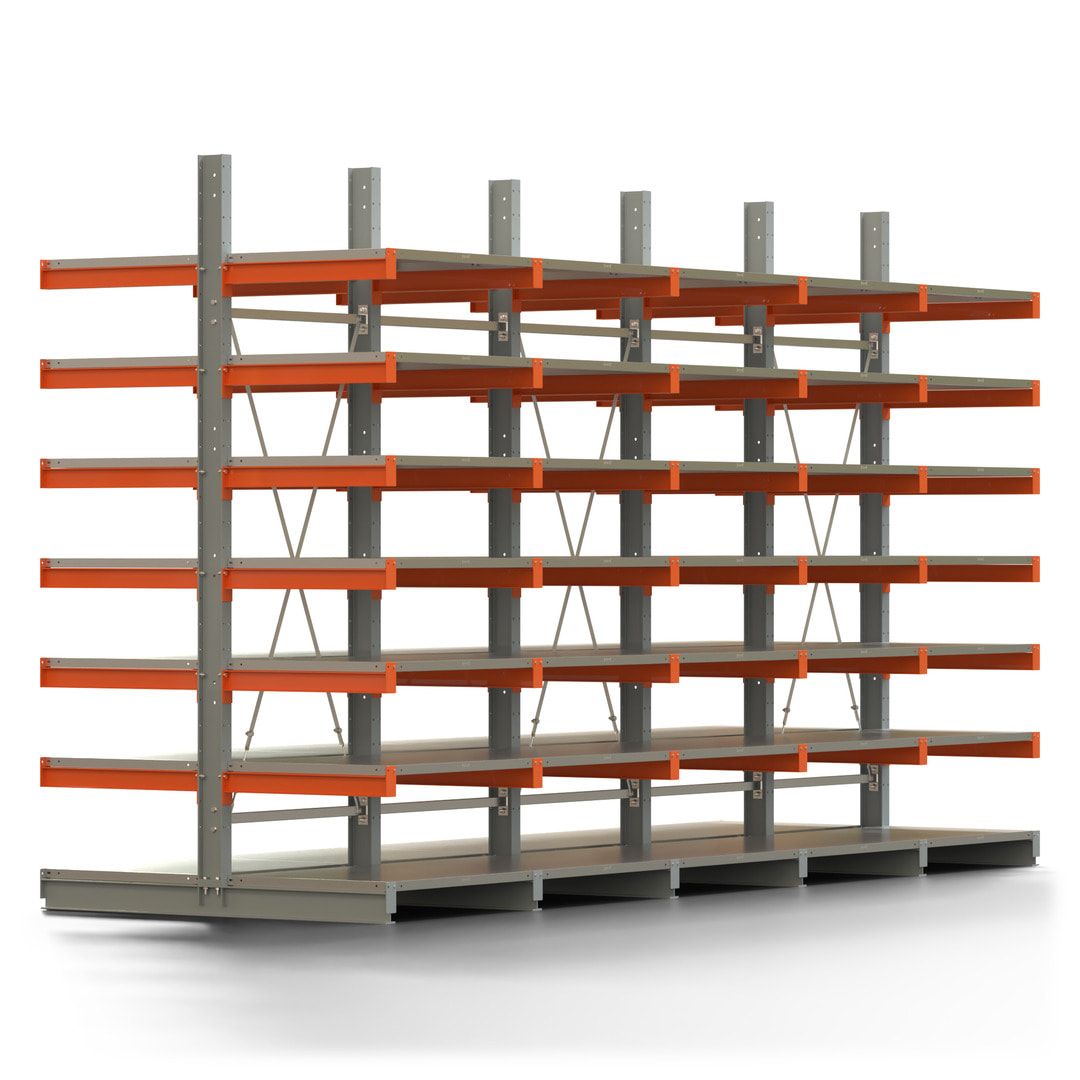 Doppelseitiges Kragarmregal mit Fachböden, 2 Felder, 3.000 x 2.000 (HxB), Nutztiefe 1.000 mm, Kragarmlast 450 kg, KARL basic, silbergrau/reinorange
