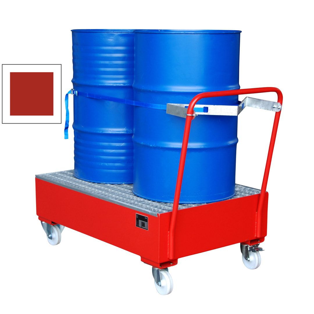 Auffangwanne - fahrbar - für 2 Fässer - 215 l Volumen - Gitterrost - feuerrot