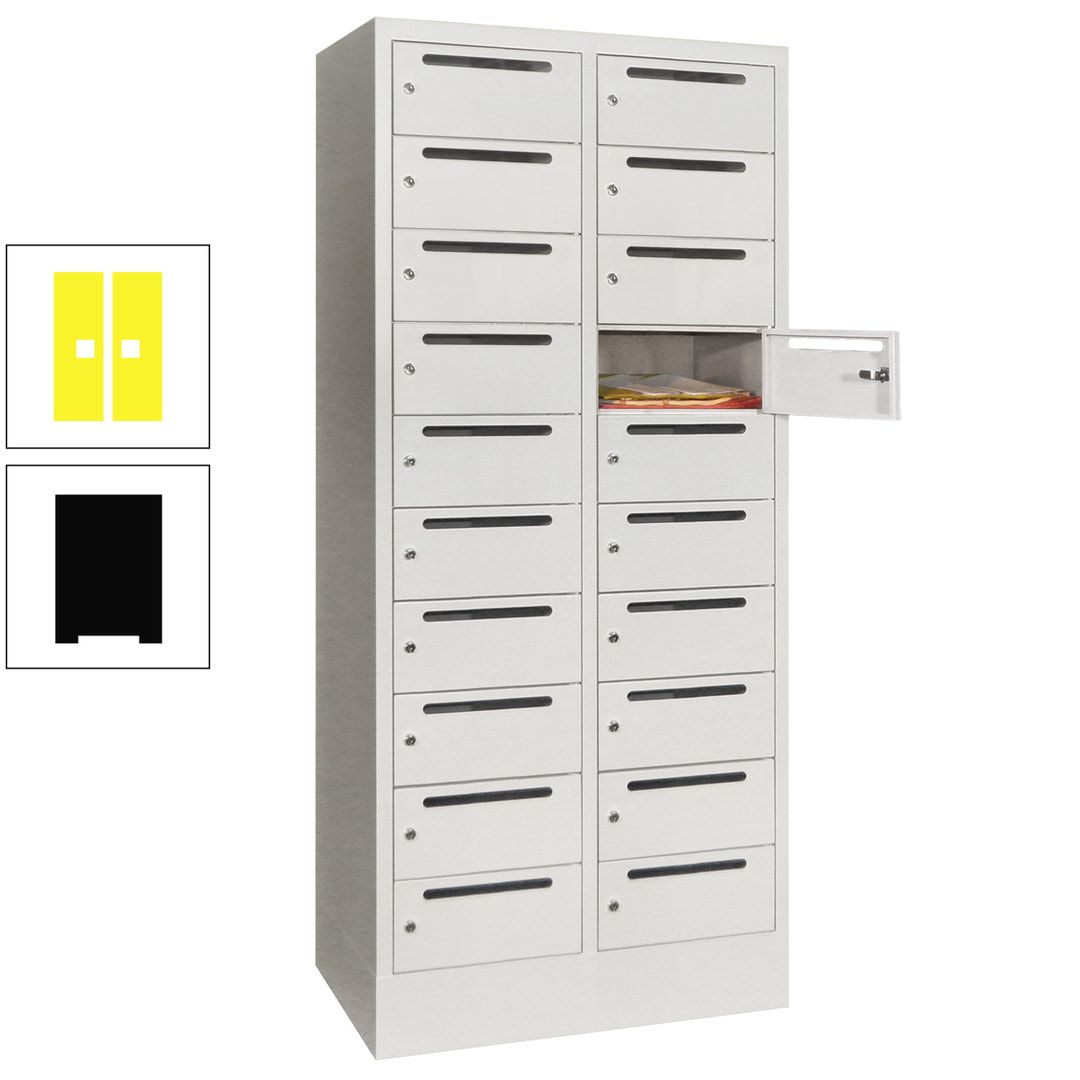 Postverteilerschrank, Schließfachschrank, 2 Abteile a 400 mm, 20 Fächer, 1.850 x 800 x 500 mm (HxBxT), Korpus anthrazitgrau, Front anthrazitgrau
