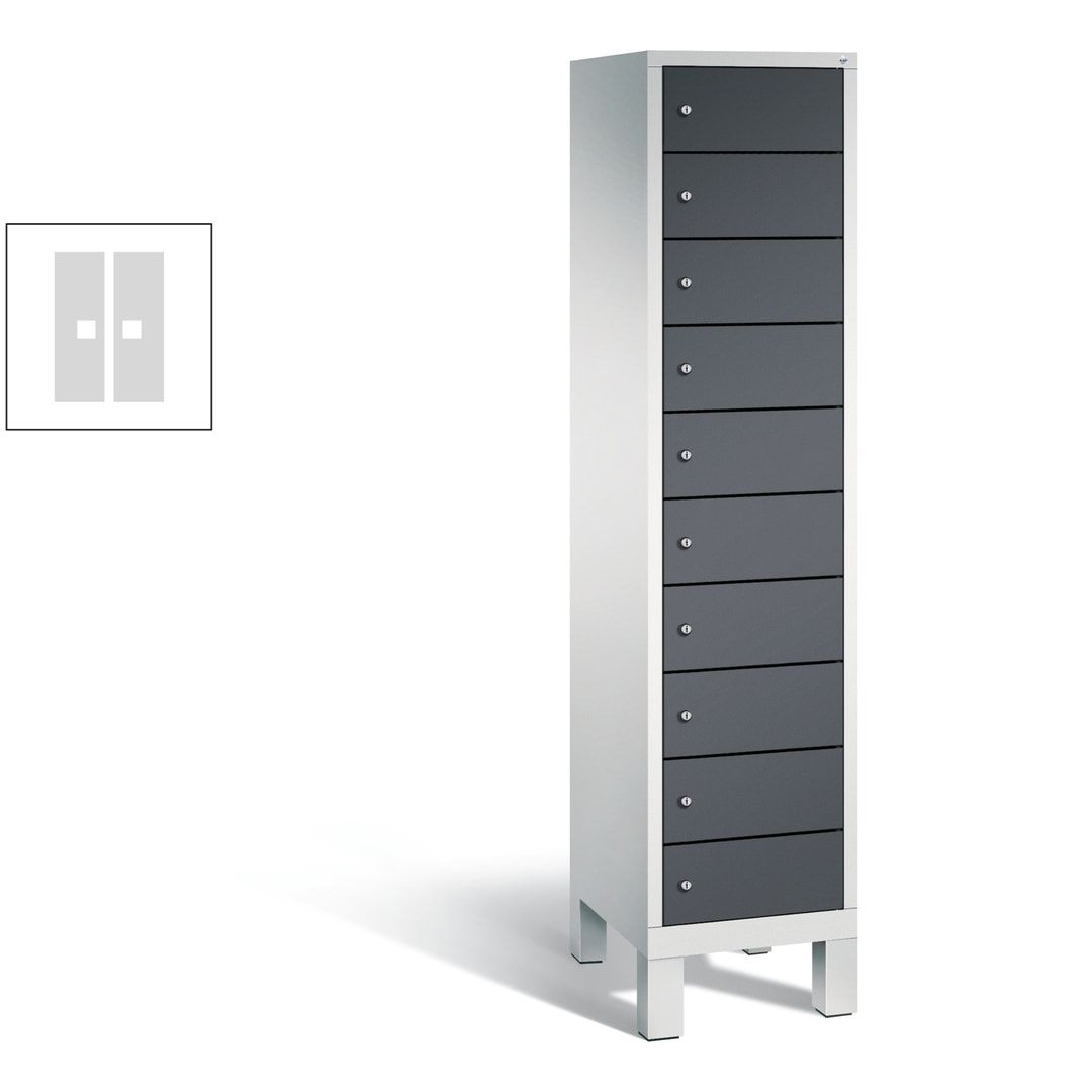 Laptopschrank, Tabletschrank, Computerschrank auf Füßen, 10 Fächer, 1.850 x 420 x 500 mm (HxBxT), Korpus gelborange, Tür anthrazitgrau