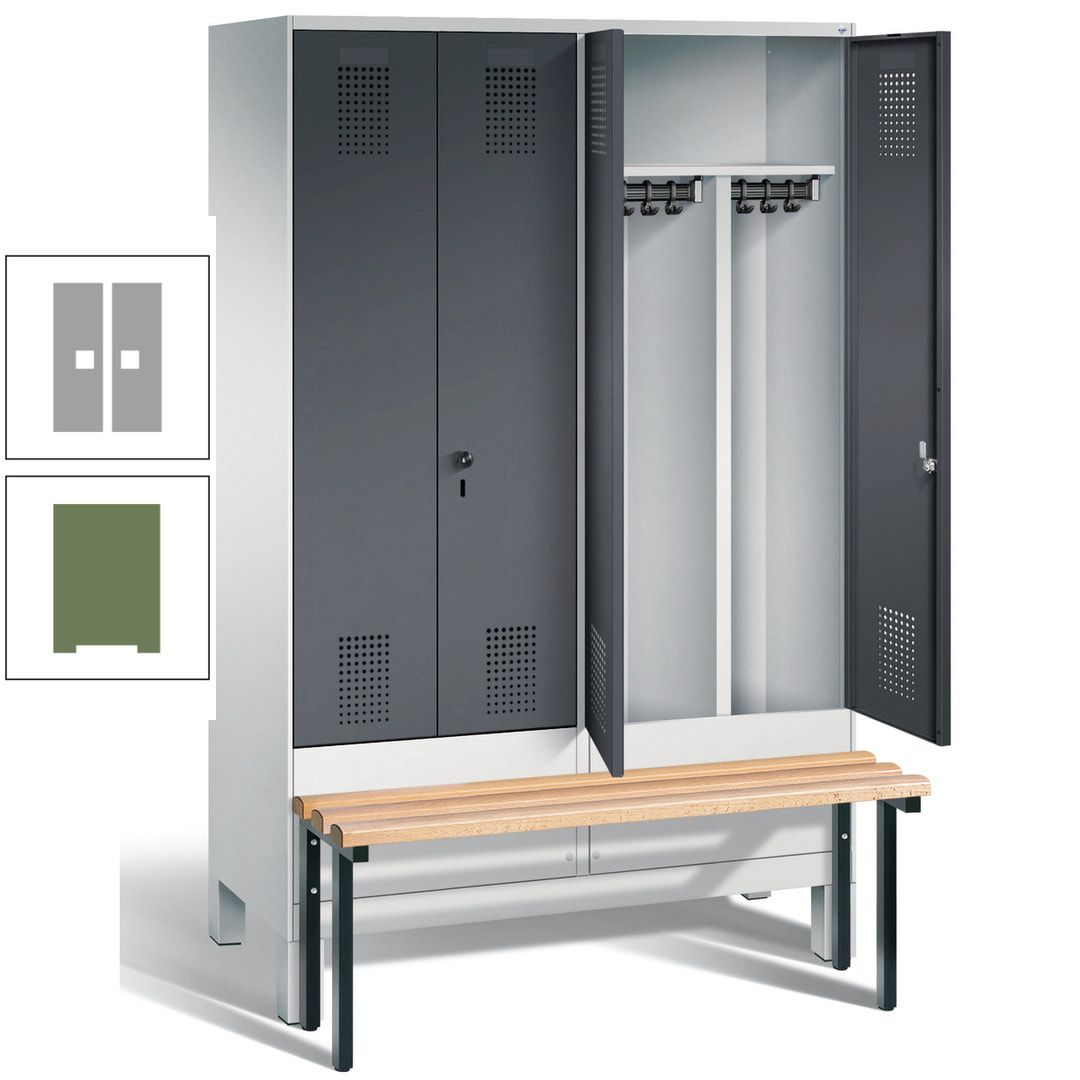 Doppel-Spind, Garderobenschrank, Buche Sitzbank vorgebaut, 4 Abteile a 300 mm, Korpus feuerrot, Tür Wasserblau, 1.850 x 1.200 x 815 mm (HxBxT)