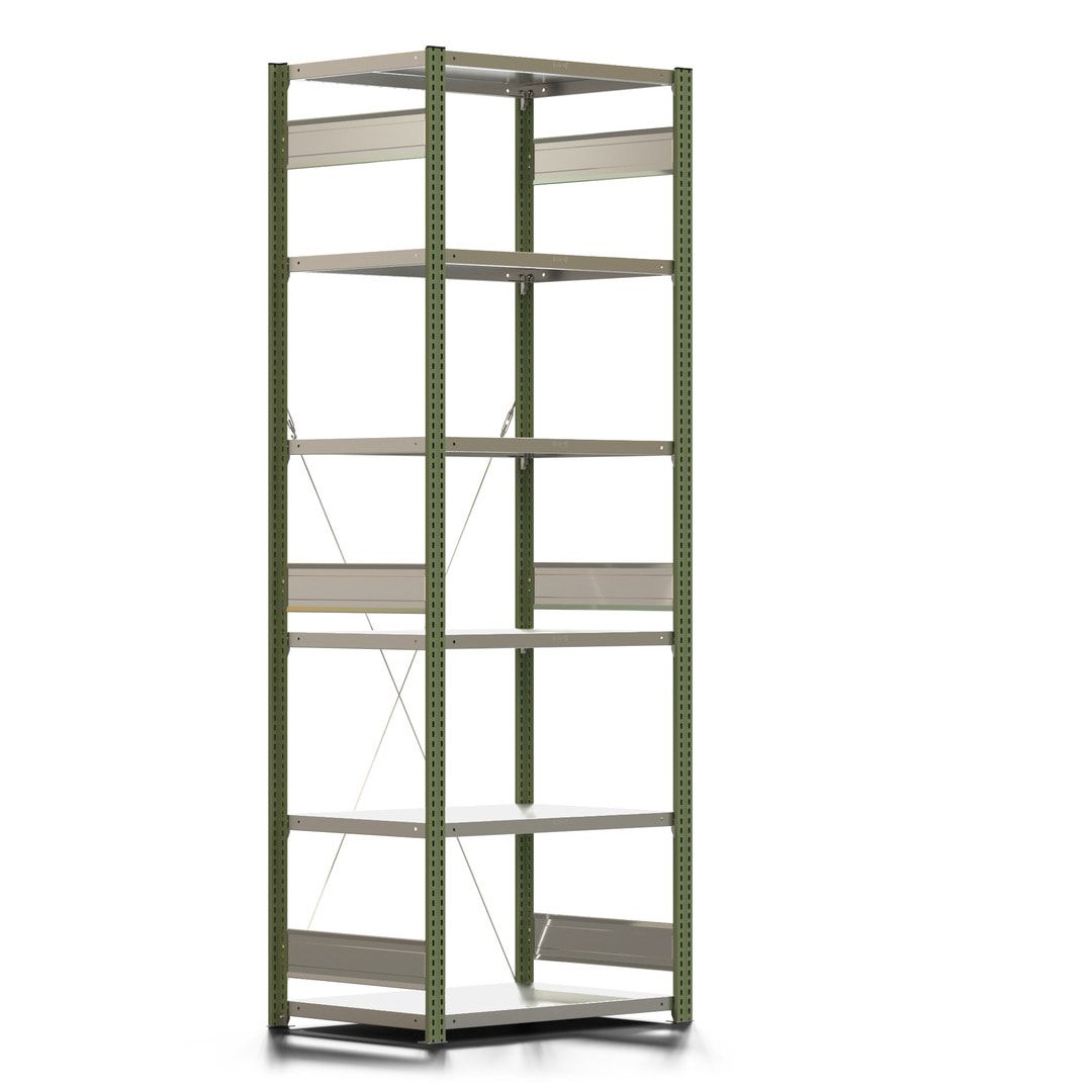 Fachbodenregal mit Tiefenriegel - 350 kg - 2.500 x 875 x 626 mm (HxBxT) - Anbauregal - 6 Böden - enzianblau - Lagerregal - Steckregal BERT