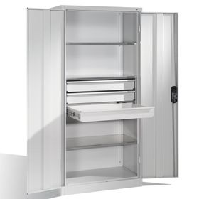 C+P Großraum Werkzeugschrank, Maschinenschrank, 3 Fachböden, 3 Schubladen mittig, Farbe wählbar, 1.950 x 1.200 (HxB), Tiefe wählbar