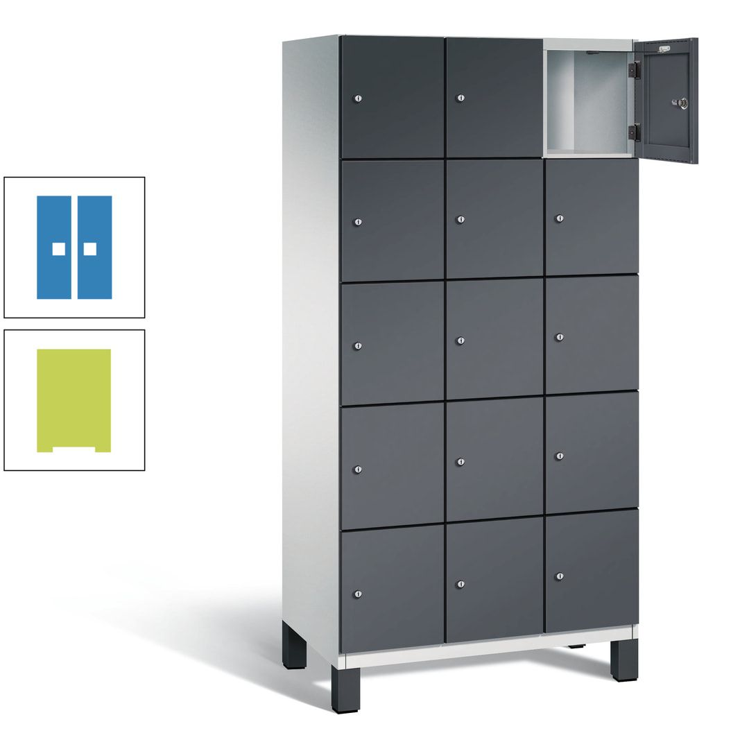 Fächerschrank, Stahlschrank, 15 Fächer, Türöffnungsbegrenzer, Füße, 1.980 x 900 x 525 mm (HxBxT), Korpus anthrazitgrau, Front anthrazitgrau