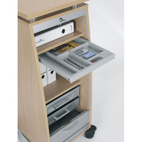 Rollladencaddy, 2 Schubladen, Materialauszug, Fachböden, 4 Rollen, abschließbar,1.155 x 515 x 600 mm (HxBxT), Front silber, Korpusfarbe Ahorn