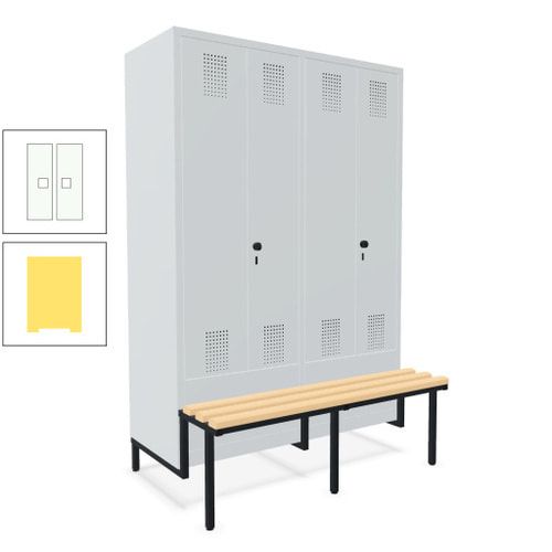 Doppel-Spind, Garderobenschrank, Buche Sitzbank integriert, 4 Abteile 300 mm, Korpus anthrazitgrau, Tür anthrazitgrau, 1.850 x 1.200 x 815 mm (HxBxT)