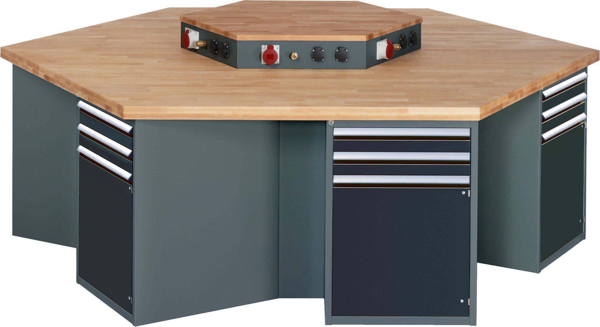 Gruppenwerkbank, Buche, Höhe 840 mm, mit Energieaufsatz, Unterbau-Container, 2 Schubladen, 1 Tür, 1 Boden - Anthrazitgrau