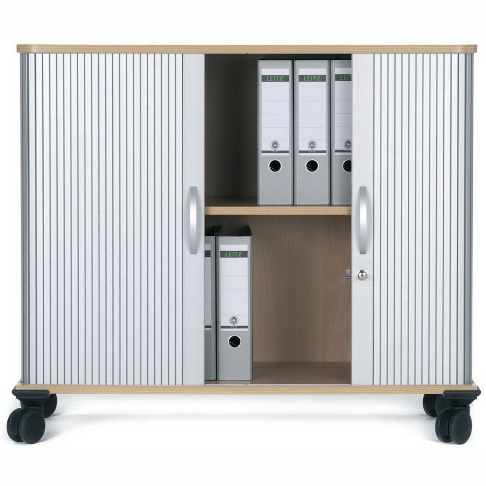 Querrollladenschrank mobil, 1.5 Ordnerhöhen, 4 Rollen, 2 feststellbar, abschließbar, Gewicht 25 kg, 720 x 800 x 400 mm (HxBxT), Farbe silber/Ahorn
