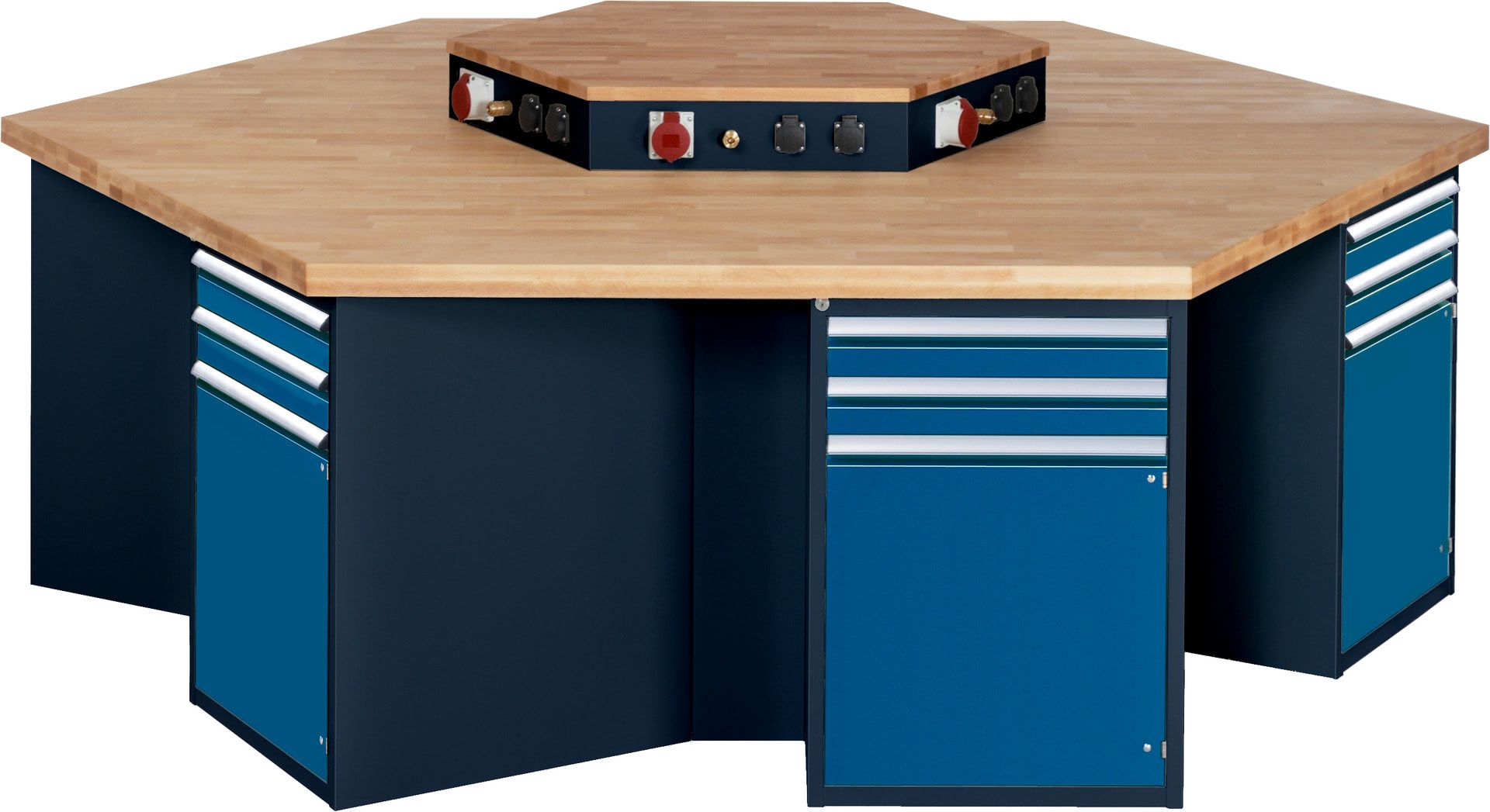 Gruppenwerkbank, Buche, Höhe 840 mm, mit Energieaufsatz, Unterbau-Container, 2 Schubladen, 1 Tür, 1 Boden - Anthrazitgrau