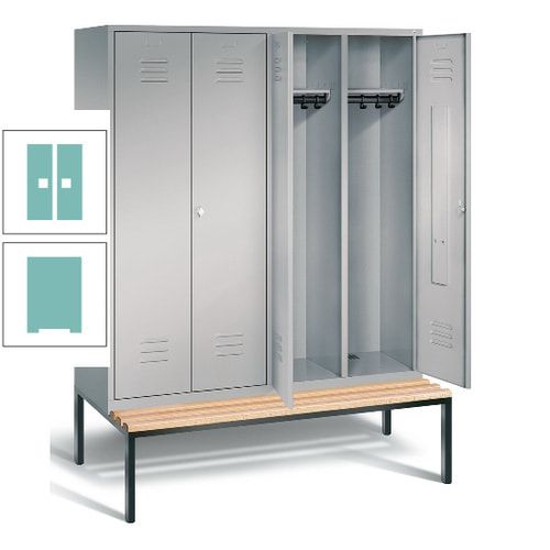 Doppel-Spindschrank, Buche Sitzbank untergebaut, 4 Abteile a 400 mm, Korpus lichtgrau, Tür anthrazitgrau, 2.090 x 1.590 x 815 mm (HxBxT)