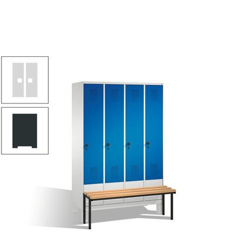 Stahl-Garderobenschrank, Spind, Buche Sitzbank vorgebaut, 4 Abteile a 300 mm, Korpus Lichtgrün, Tür Schwefelgelb, 1.850 x 1.200 x 815 mm (HxBxT)
