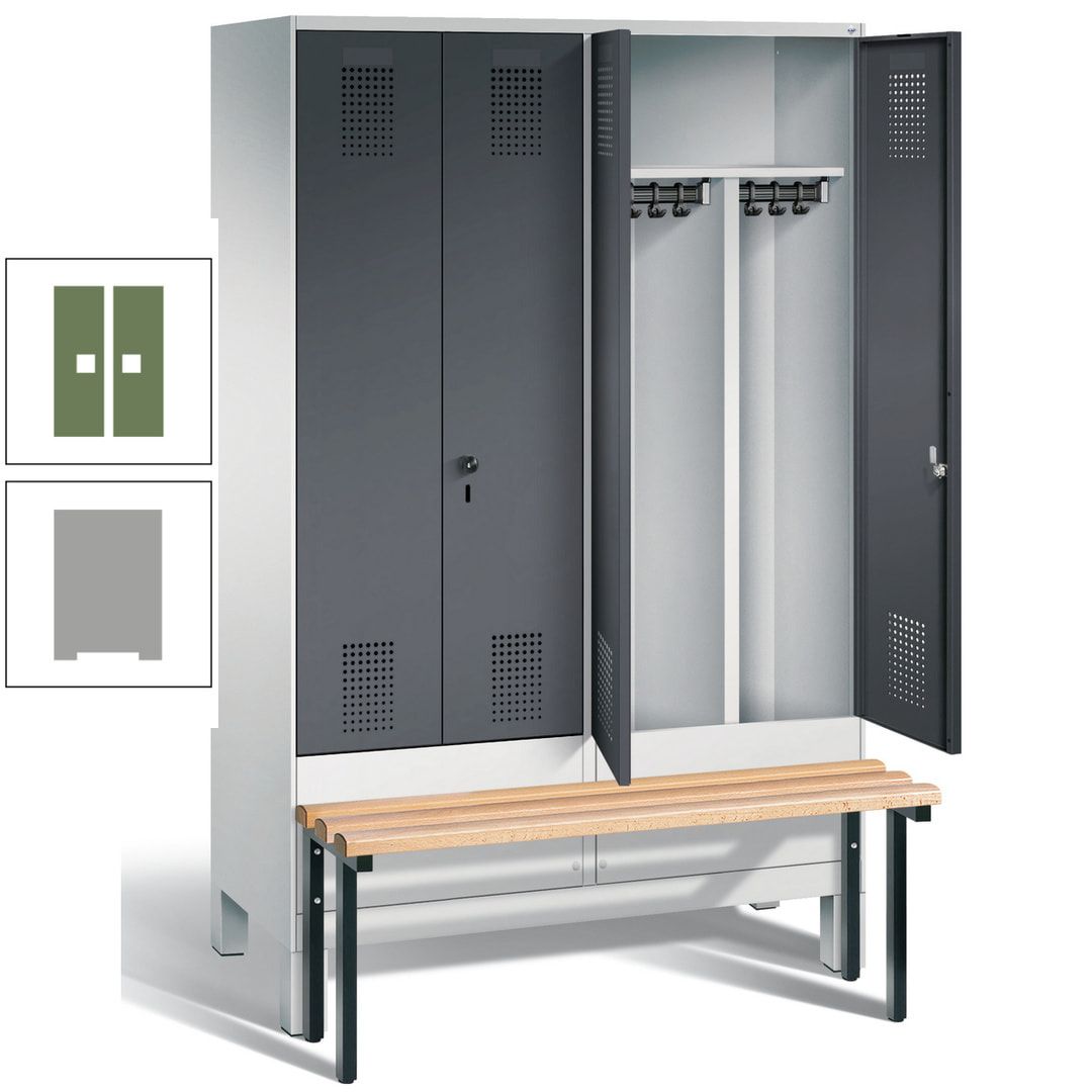 Doppel-Spind, Garderobenschrank, Buche Sitzbank vorgebaut, 4 Abteile a 300 mm, Korpus feuerrot, Tür Wasserblau, 1.850 x 1.200 x 815 mm (HxBxT)