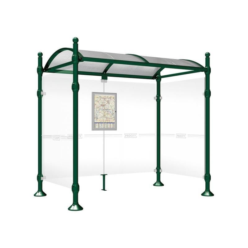 Buswartehalle, Unterstand, 2 Seitenwände, Kopf gebürsteter Edelstahl, ESG, Fahrplanschaukasten, 2.500 x 2.500 x 1.600 mm (HxBxT), Farbe enzianblau
