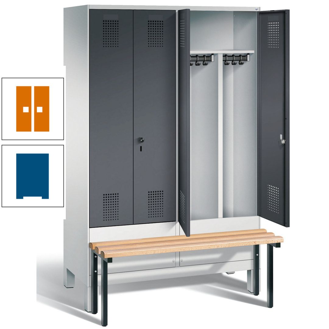 Doppel-Spind, Garderobenschrank, Buche Sitzbank vorgebaut, 4 Abteile a 300 mm, Korpus feuerrot, Tür Wasserblau, 1.850 x 1.200 x 815 mm (HxBxT)