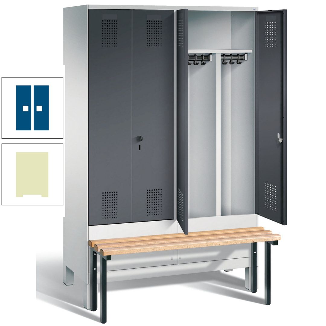 Doppel-Spind, Garderobenschrank, Buche Sitzbank vorgebaut, 4 Abteile a 300 mm, Korpus feuerrot, Tür Wasserblau, 1.850 x 1.200 x 815 mm (HxBxT)