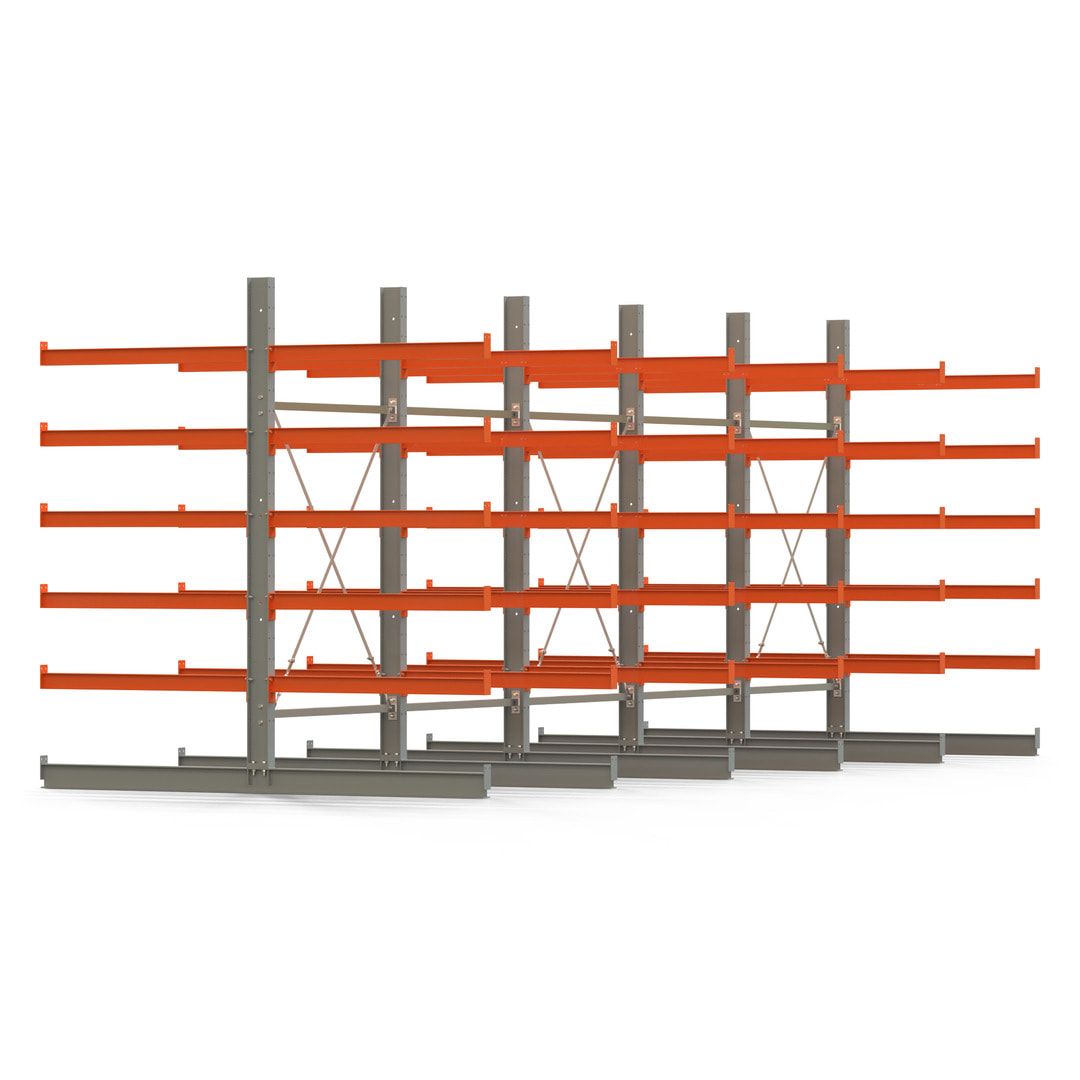 Doppelseitiges Kragarmregal, 2 Felder, 2.500 x 2.560 x 1.120 mm (HxBxT), Nutztiefe 500 mm, Kragarmlast 870 kg, KARL basic, silbergrau/reinorange