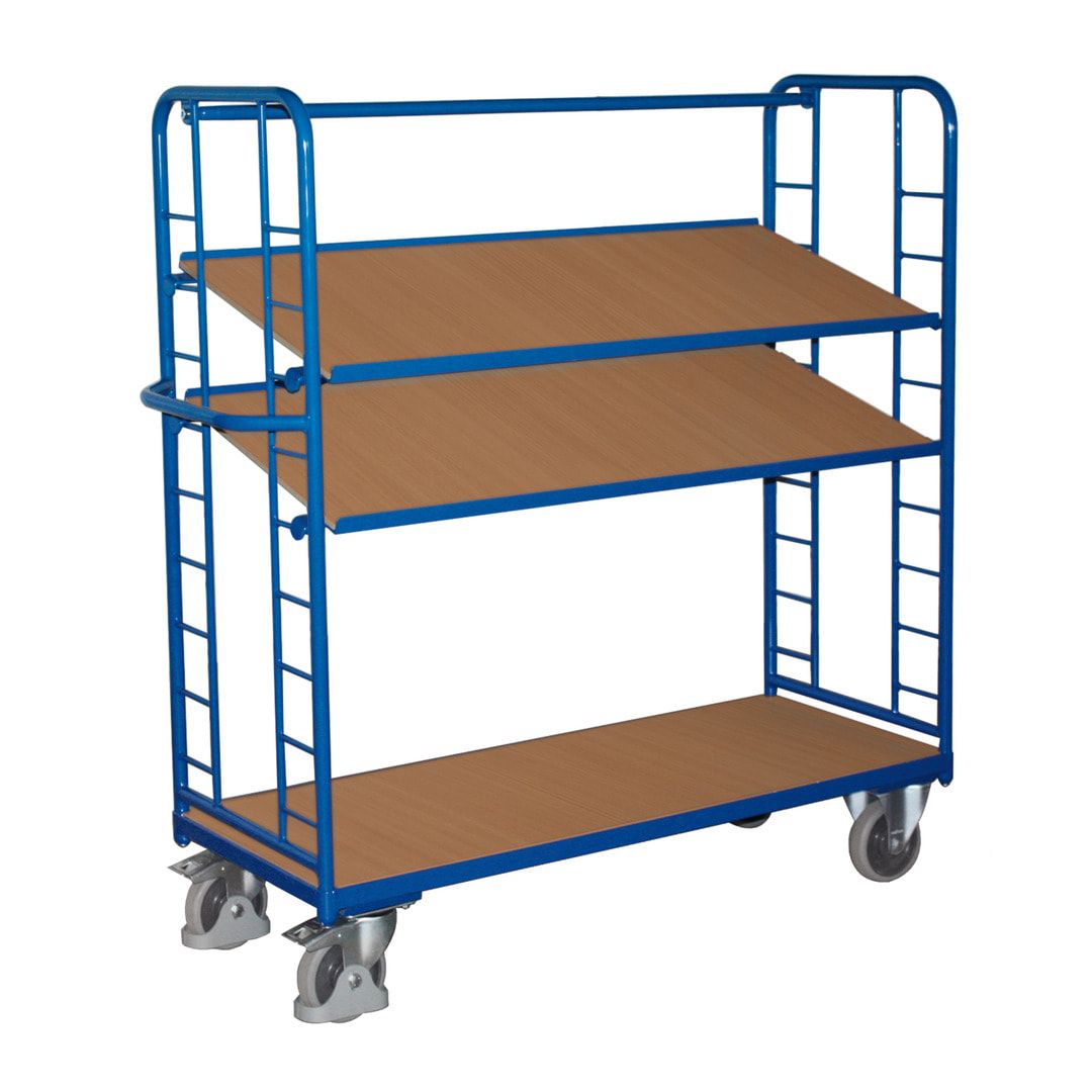 Etagenwagen mit 3 Holzböden - Traglast 250 kg - 1.535 x 1.510 x 550 mm (HxBxT) - enzianblau