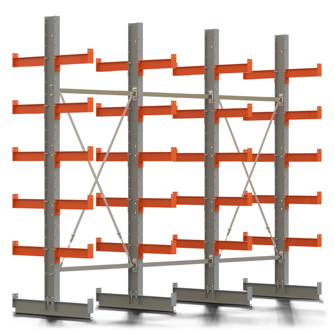 Doppelseitiges Kragarmregal, 2 Felder, 2.500 x 2.000 x 1.120 mm (HxBxT), Nutztiefe 500 mm, Kragarmlast 870 kg, KARL basic, silbergrau/reinorange