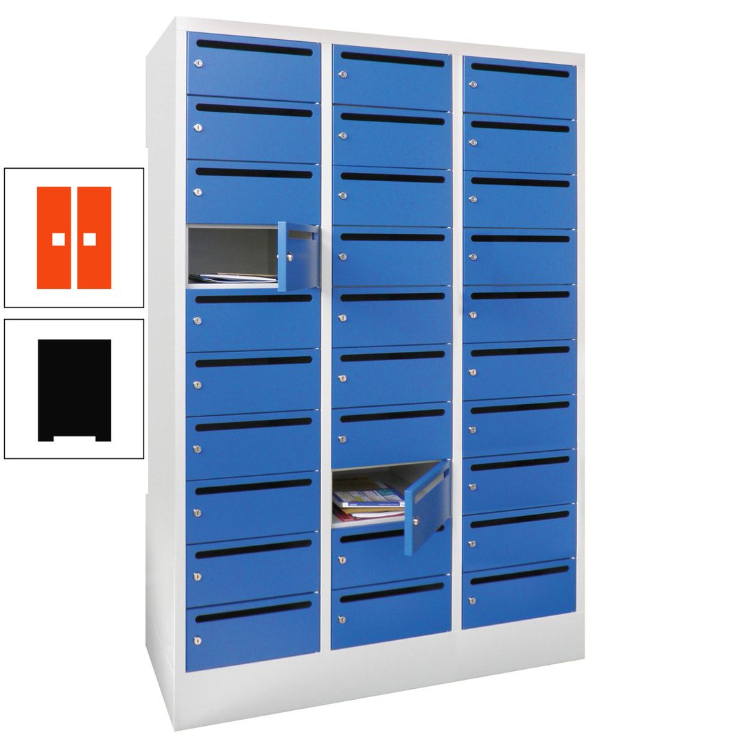 Postverteilerschrank, Schließfachschrank, 3 Abteile a 300 mm, 30 Fächer, 1.850 x 900 x 500 mm (HxBxT), Korpus anthrazitgrau, Front anthrazitgrau