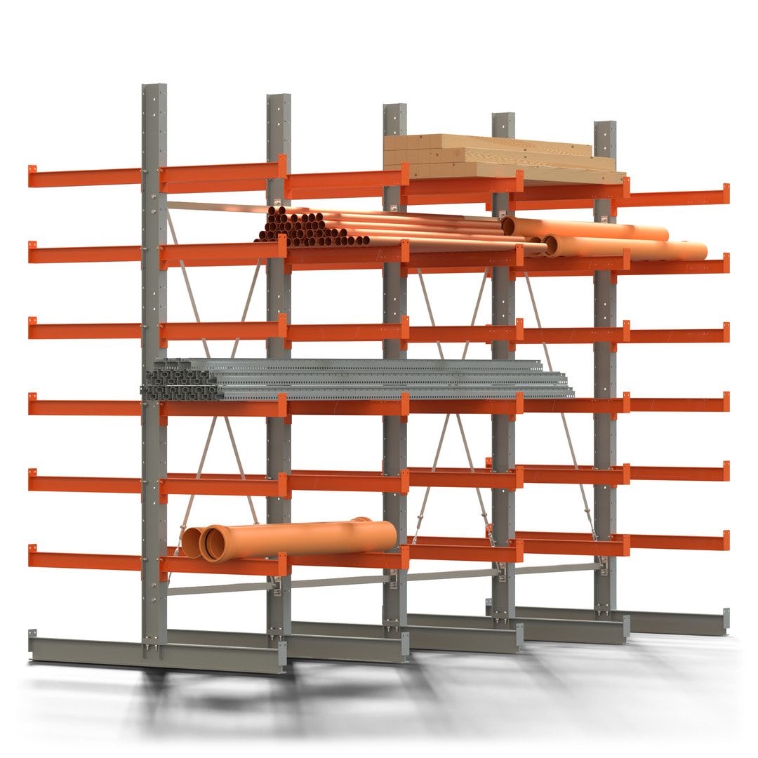 Doppelseitiges Kragarmregal, 2 Felder, 3.000 x 2.000 x 1.120 mm (HxBxT), Nutztiefe 500 mm, Kragarmlast 870 kg, KARL basic, silbergrau/reinorange