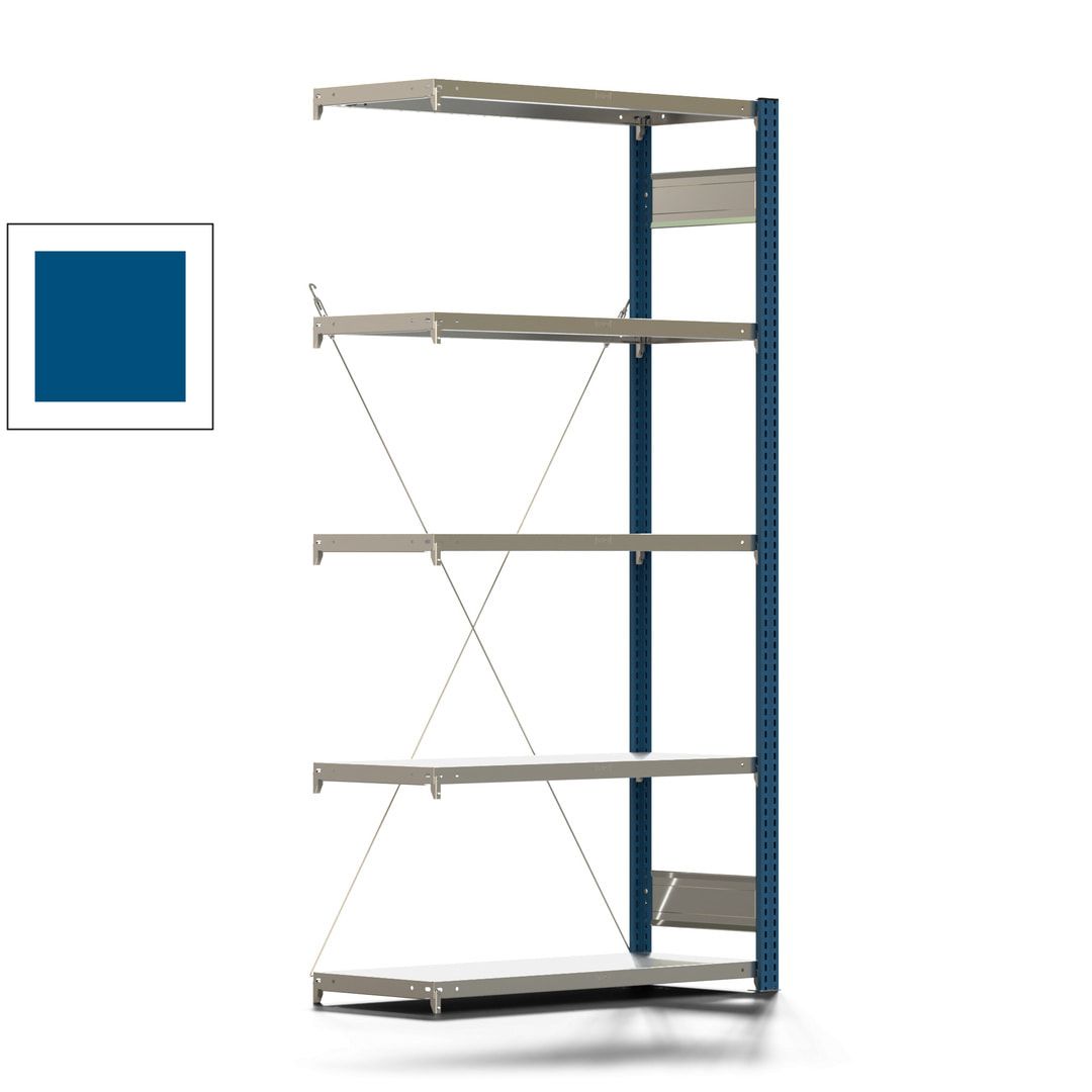 Fachbodenregal mit Tiefenriegel - 350 kg - 2.000 x 1.005 x 426 mm (HxBxT) - Anbauregal - 5 Böden - enzianblau - Lagerregal - Steckregal BERT