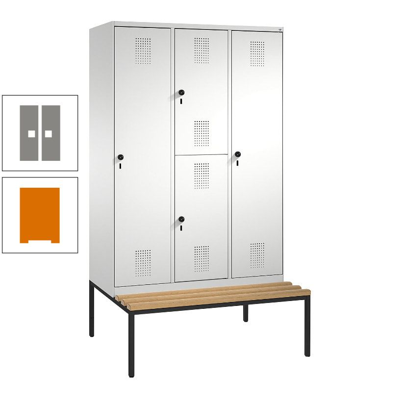 Garderobenschrank, Spind ein- und doppelstöckig Sitzbank, 3 Abteile, 4 Fächer, 2.090x1.200x500 mm (HxBxT), Front anthrazitgrau, Korpus anthrazitgrau