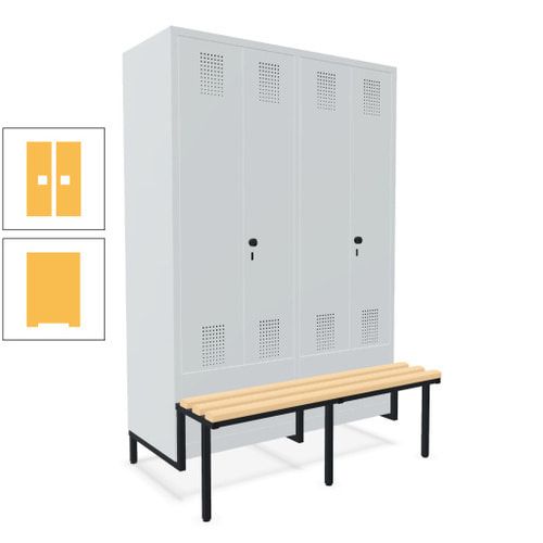 Doppel-Spind, Garderobenschrank, Buche Sitzbank integriert, 4 Abteile 300 mm, Korpus anthrazitgrau, Tür anthrazitgrau, 1.850 x 1.200 x 815 mm (HxBxT)