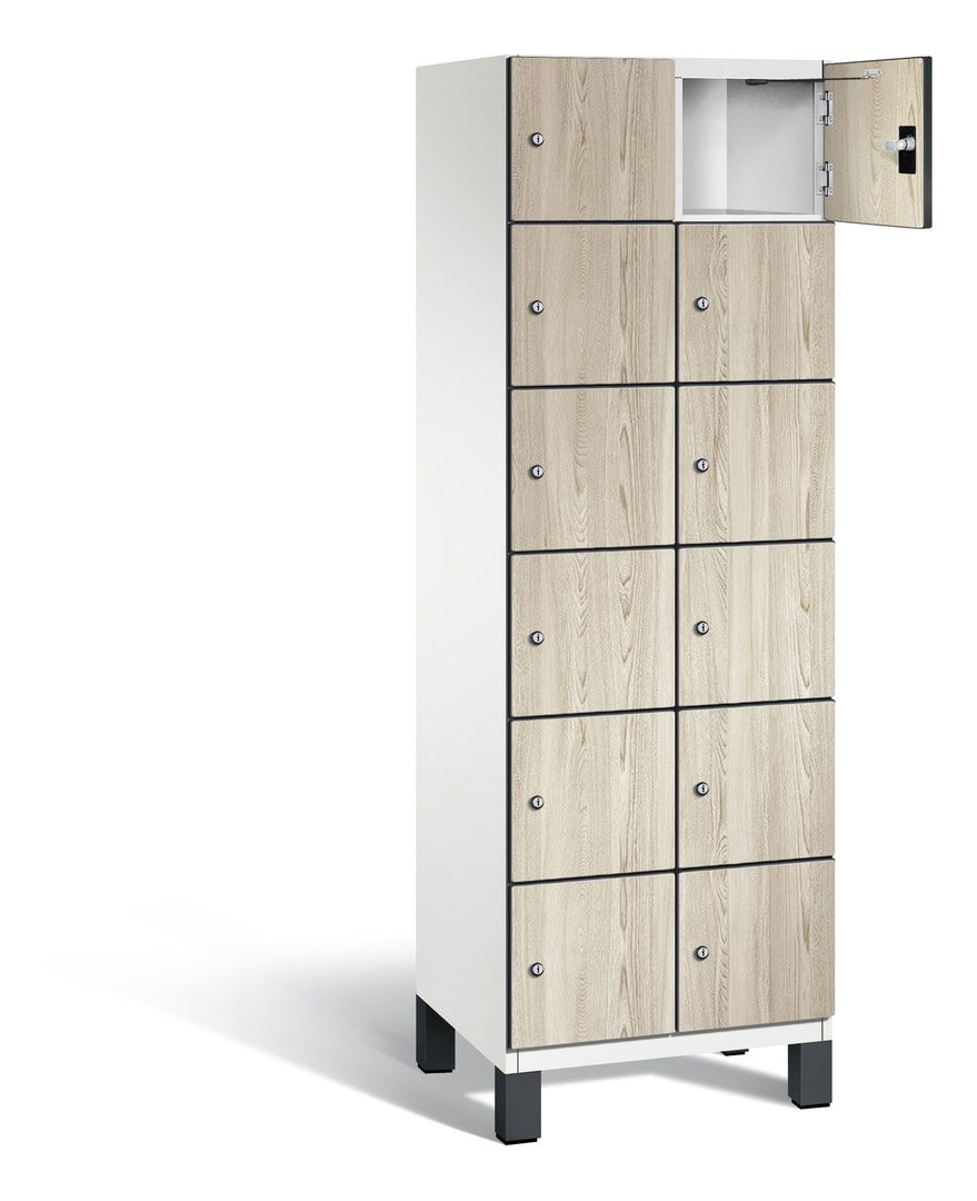 Fächerschrank, Stahlschrank, 12 Fächer, Türöffnungsbegrenzer, Füße, 1.980 x 600 x 525 mm, Korpus anthrazitgrau, Dekorfront HPL Donau-Ahorn