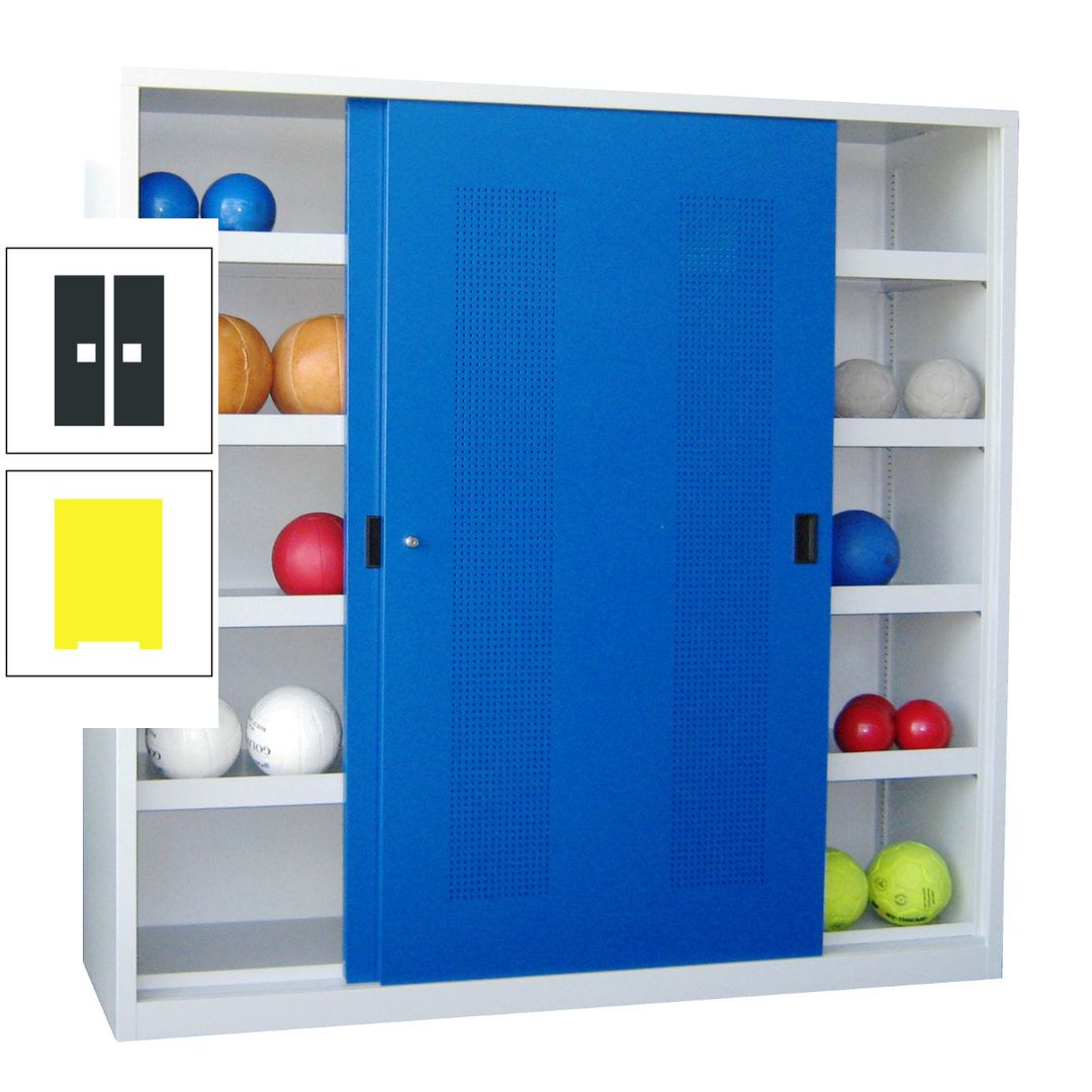 Ballschrank - Schiebetüren mit Lochfeld - Trennwand - 8 Böden - 1.950x2.000x600 mm (HxBxT) - anthrazitgrau