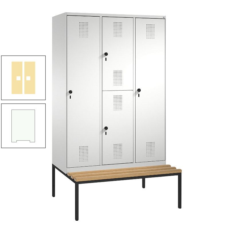 Garderobenschrank, Spind ein- und doppelstöckig Sitzbank, 3 Abteile, 4 Fächer, 2.090x1.200x500 mm (HxBxT), Front anthrazitgrau, Korpus anthrazitgrau