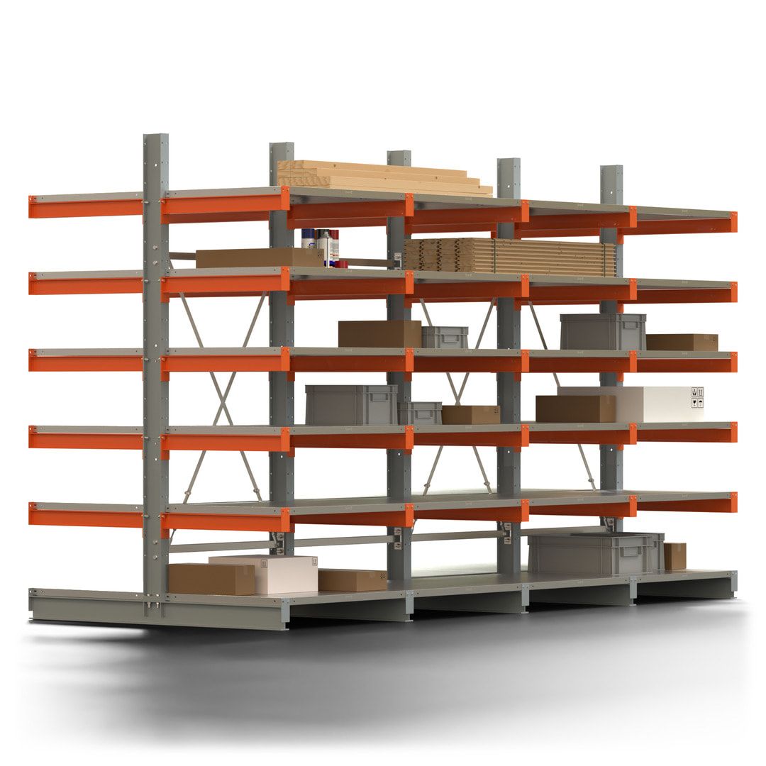 Doppelseitiges Kragarmregal mit Fachböden, 2 Felder, 2.500 x 2.000 (HxB), Nutztiefe 1.000 mm, Kragarmlast 450 kg, KARL basic, silbergrau/reinorange