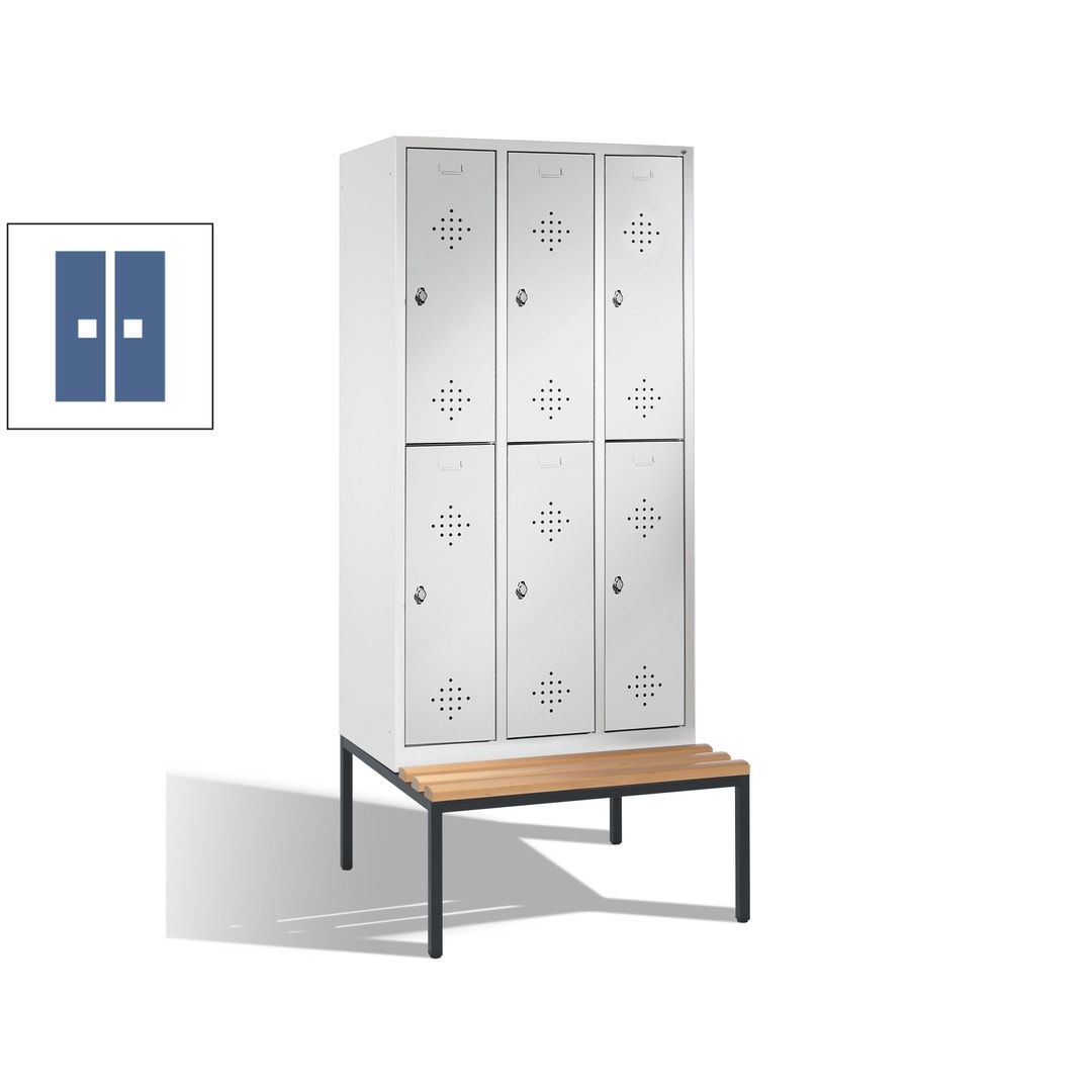 Garderobenschrank, Spind, 3 Abteile 6 Fächer, 2.090 x 1.200 x 815 mm (HxBxT), Hartholz Sitzbank untergebaut, Korpus anthrazitgrau, Türen anthrazitgrau