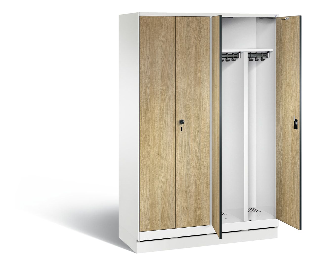 Doppel-Spind, Garderobenschrank auf Sockel, 2 Abteile a 300 mm, Korpus anthrazitgrau, Tür Dekorfront HPL Donau-Ahorn, 1.800 x 1.200 x 500 mm (HxBxT)