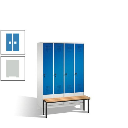 Stahl-Garderobenschrank, Spind, Buche Sitzbank vorgebaut, 4 Abteile a 300 mm, Korpus Lichtgrün, Tür Schwefelgelb, 1.850 x 1.200 x 815 mm (HxBxT)