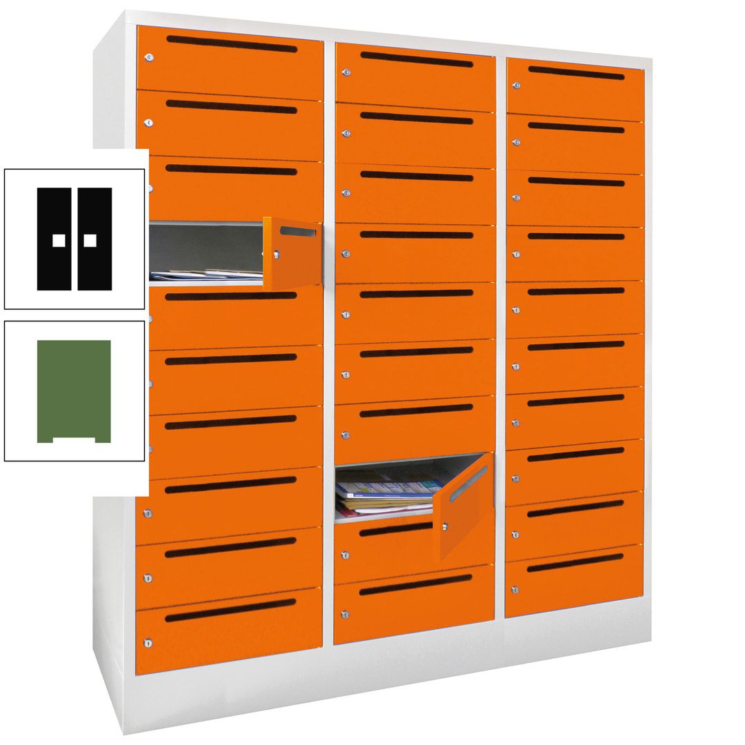 Postverteilerschrank, Schließfachschrank, 3 Abteile a 40 cm, 30 Fächer, 1.850 x 1.200 x 500 mm (HxBxT), Korpus anthrazitgrau, Front anthrazitgrau