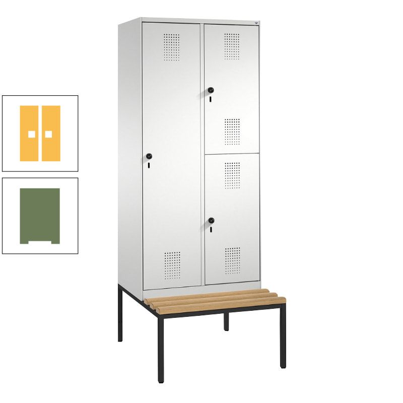 Garderobenschrank, Spind ein- und doppelstöckig Sitzbank, 2 Abteile, 3 Fächer, 2.090 x 800 x 500 mm (HxBxT), Front anthrazitgrau, Korpus anthrazitgrau